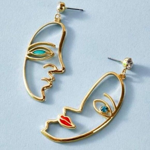GOLD DIAMOND ABSTRACT FACE DANGLE EARRINGS - Picture 1 of 6